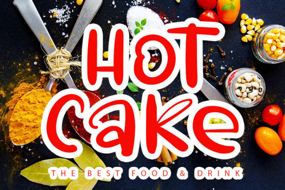 70+ Food Logo Fonts for Restaurants, Cafes, and Food Brands 158 Colorful food logo design featuring the text 'Hot Cake' with spices and ingredients in the background.