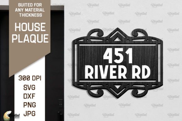 Laser Cut House Numbers: 12 Modern Address Sign Ideas 7 Laser cut house plaque displaying the address '451 RIVER RD' with decorative border.
