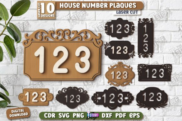 Laser Cut House Numbers: 12 Modern Address Sign Ideas 13 Collection of laser cut house number plaques featuring various designs and styles with the number 123.
