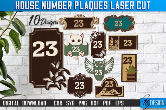 Laser Cut House Numbers: 12 Modern Address Sign Ideas 6 Collection of laser cut house number plaques featuring the number 23 in various designs.