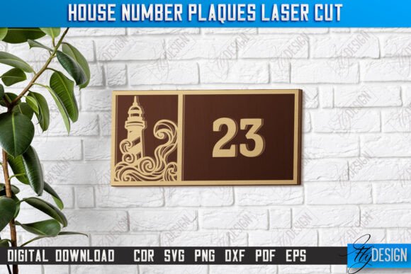 Laser Cut House Numbers: 12 Modern Address Sign Ideas 12 Laser cut house number plaque featuring the number 23 and a lighthouse design.