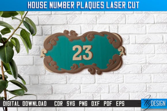 Laser Cut House Numbers: 12 Modern Address Sign Ideas 10 Laser cut house number plaque with the number 23 on a teal background and decorative frame.