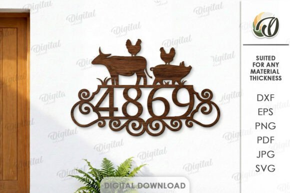 Laser Cut House Numbers: 12 Modern Address Sign Ideas 9 Laser cut house number sign featuring animals and decorative elements, displaying the number 4869.