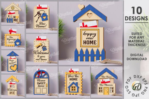 99+ Laser Cut Wood Projects To Sell From Home 298 Laser cut wood housewarming gift designs featuring various welcome messages and decorative elements.