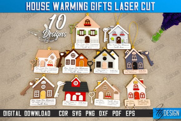 99+ Laser Cut Wood Projects To Sell From Home 297 Collection of laser cut housewarming gift designs featuring various house shapes and colors.