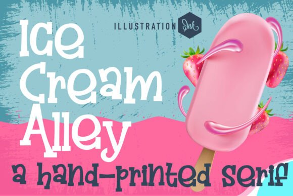 70+ Food Logo Fonts for Restaurants, Cafes, and Food Brands 161 Colorful illustration of 'Ice Cream Alley' logo with a popsicle and strawberries.