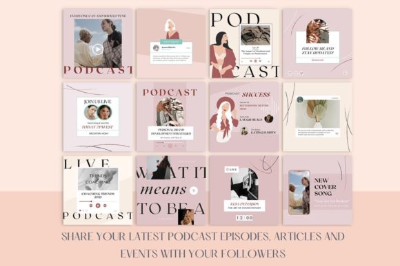 12 Instagram Stories Templates for Small Businesses That Save Time 3 Collage of Instagram Stories templates featuring podcast promotion designs with modern layouts and soft colors.