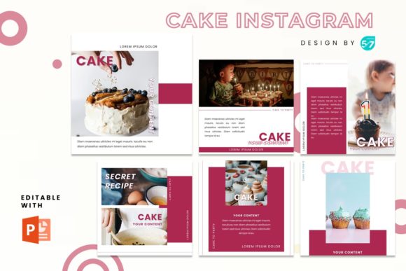 12 Instagram Templates for Bakery Shops to Increase Orders 8 Collage of editable Instagram templates for cake posts featuring desserts, text placeholders, and colorful designs.
