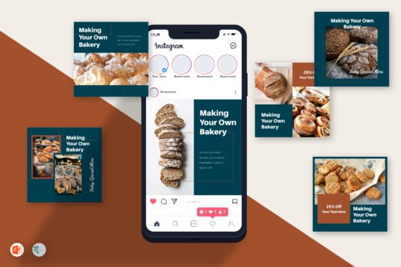 12 Instagram Templates for Bakery Shops to Increase Orders 7 Instagram feed mockup featuring bakery items and promotional text for a bakery business.