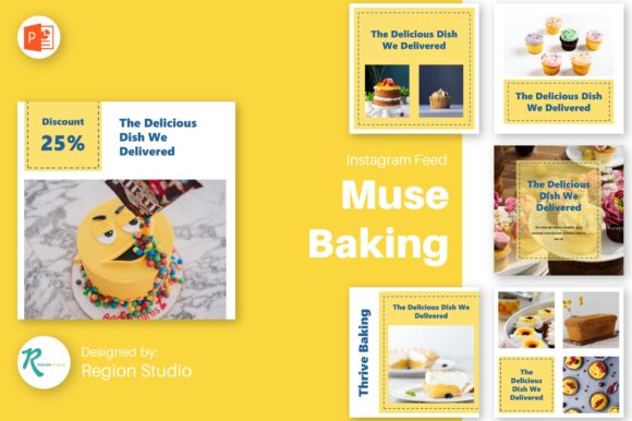 12 Instagram Templates for Bakery Shops to Increase Orders 9 Instagram feed layout showcasing bakery posts with colorful desserts and promotional text.