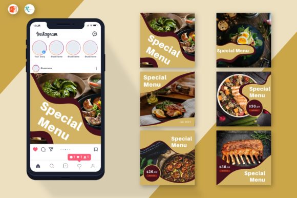 12 Instagram Templates for Bakery Shops to Increase Orders 11 Instagram template showcasing a special menu with food images and design elements for bakery promotion.