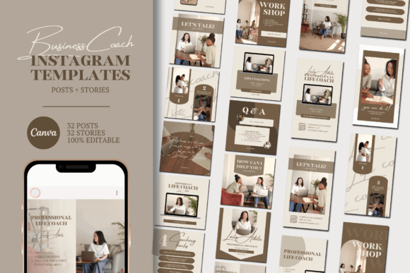 17 Instagram Story Templates for Small Businesses That Boost Engagement 5 Editable Instagram Story templates for business coaches featuring neutral tones and various layouts.