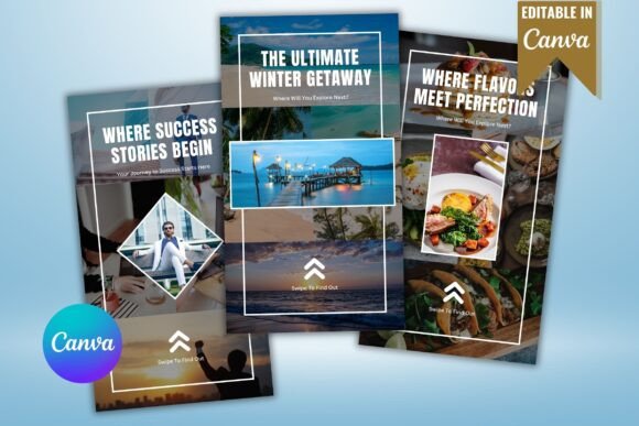 12 Instagram Stories Templates for Small Businesses That Save Time 11 Three Canva Instagram Story templates featuring travel and food themes with editable text areas.