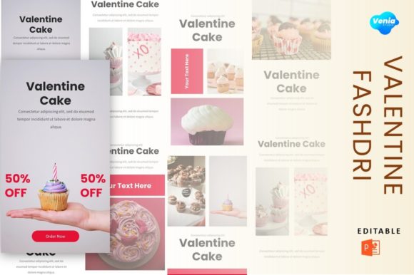 12 Instagram Templates for Bakery Shops to Increase Orders 12 Valentine-themed Instagram Story template for bakery promotions featuring cupcakes and cakes with discount offers.