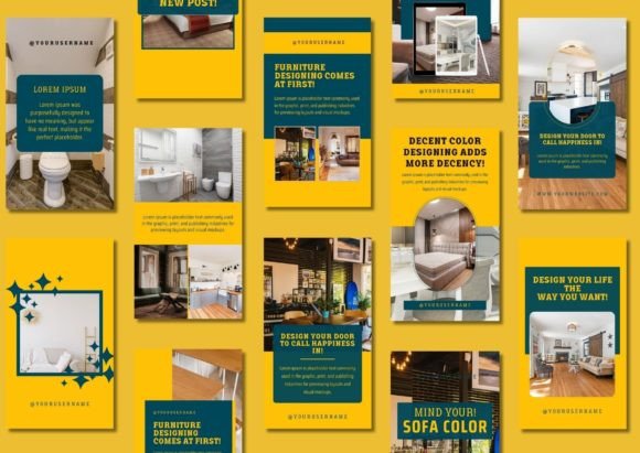 17 Instagram Story Templates for Small Businesses That Boost Engagement 39 A collage of Instagram Story templates featuring interior design themes and vibrant colors.