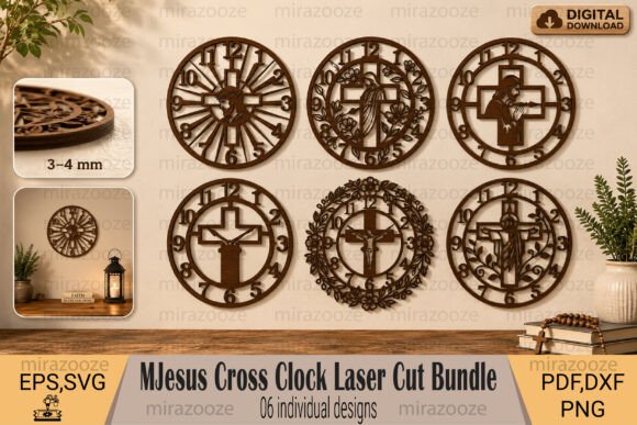 99+ Laser Cut Wood Projects To Sell From Home 12 Set of multilayer laser cut clock designs featuring crosses and intricate patterns.