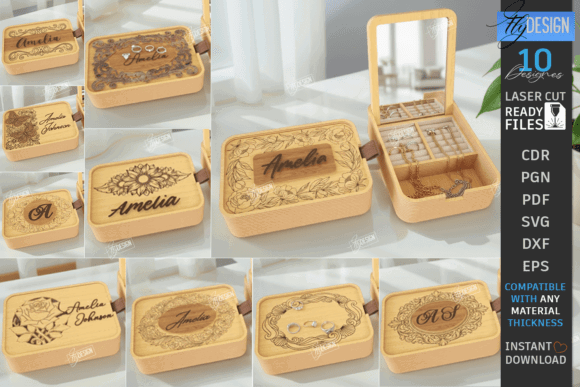 99+ Laser Cut Wood Projects To Sell From Home 463 Personalized laser cut wood jewelry box with intricate designs and mirror, showcasing names and floral patterns.