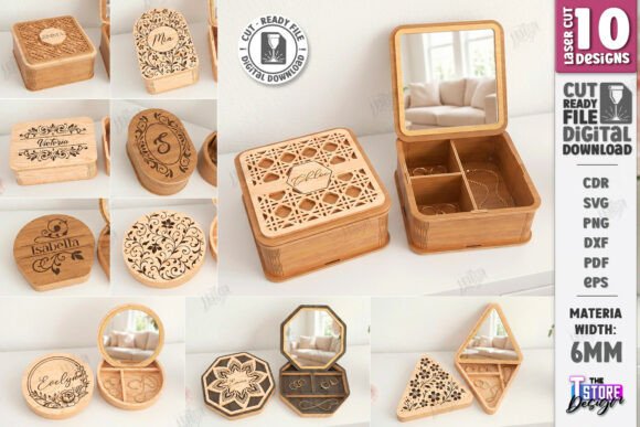99+ Laser Cut Wood Projects To Sell From Home 464 Laser cut wood jewelry box with mirror and various decorative designs, showcasing multiple styles and shapes.