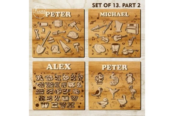 Laser Cut Products That Sell on Etsy and Make Money 16 Personalized name puzzles featuring the names Peter, Michael, and Alex with various illustrations.
