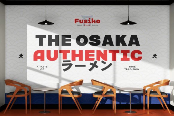 70+ Food Logo Fonts for Restaurants, Cafes, and Food Brands 95 Interior of a ramen restaurant featuring bold typography on the wall.