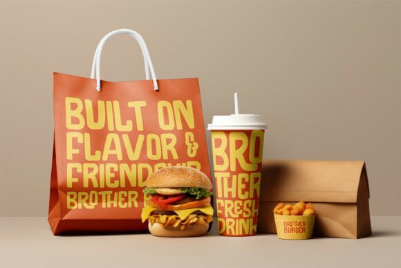 70+ Food Logo Fonts for Restaurants, Cafes, and Food Brands 188 Fast food packaging with a burger, drink, and fries featuring bold typography.
