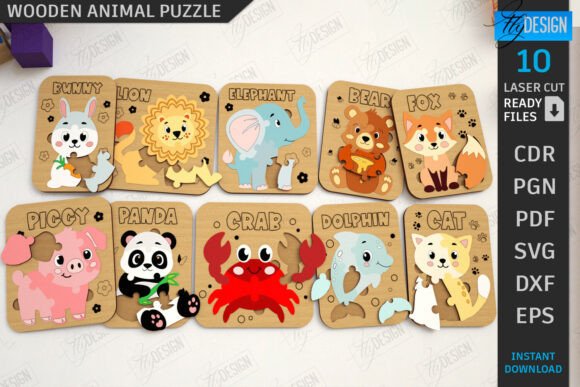 99+ Laser Cut Wood Projects To Sell From Home 305 Colorful wooden animal puzzles featuring a bunny, lion, elephant, bear, fox, pig, panda, crab, dolphin, and cat.