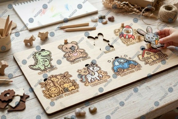 99+ Laser Cut Wood Projects To Sell From Home 314 Laser cut wood puzzle pieces featuring animals and toys on a wooden surface.