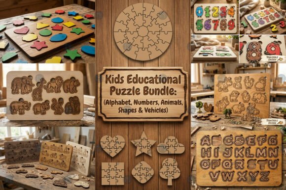 99+ Laser Cut Wood Projects To Sell From Home 312 Colorful wooden educational puzzles for kids featuring shapes, numbers, and animals.