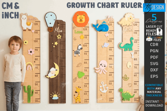 Laser Cut Products That Sell on Etsy and Make Money 18 Wooden growth chart rulers with colorful animal designs and personalized names, displayed alongside a child.