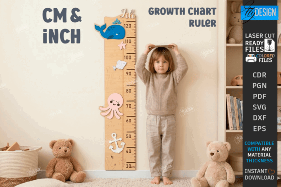 Laser Cut Products That Sell on Etsy and Make Money 17 Laser cut growth chart ruler with colorful sea creatures, measuring height in centimeters and inches.