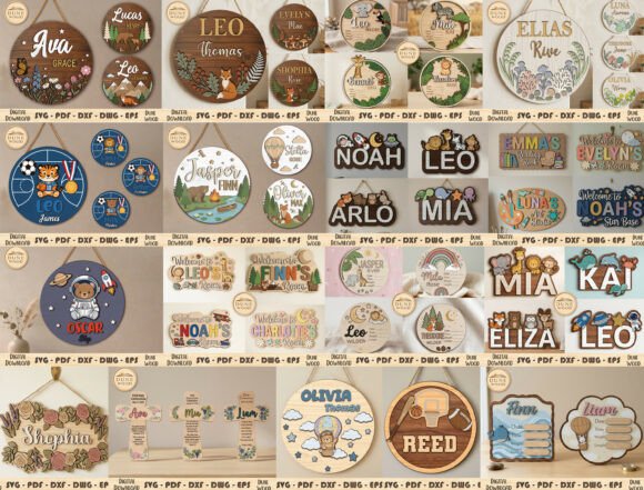 Easy Laser Cut Wood Projects To Sell On Etsy 27 A collection of personalized laser cut wood name signs and decor featuring various names and designs.