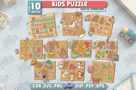 99+ Laser Cut Wood Projects To Sell From Home 321 Montessori kids puzzle designs for laser cutting, featuring colorful illustrations and various themes.