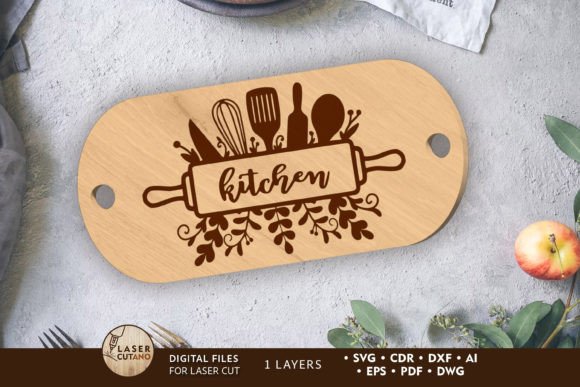 99+ Laser Cut Wood Projects To Sell From Home 353 Laser cut wooden kitchen sign with rolling pin and utensils design.