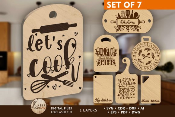 99+ Laser Cut Wood Projects To Sell From Home 351 Set of 7 laser cut wood kitchen signs with various cooking themes and designs.