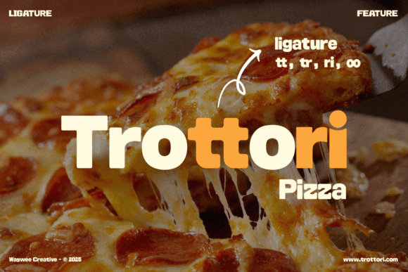 70+ Food Logo Fonts for Restaurants, Cafes, and Food Brands 19 Cheesy pizza slice with the Trottori font showcasing ligatures.