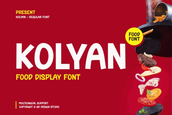 70+ Food Logo Fonts for Restaurants, Cafes, and Food Brands 38 Kolyan food display font showcased with colorful food elements.
