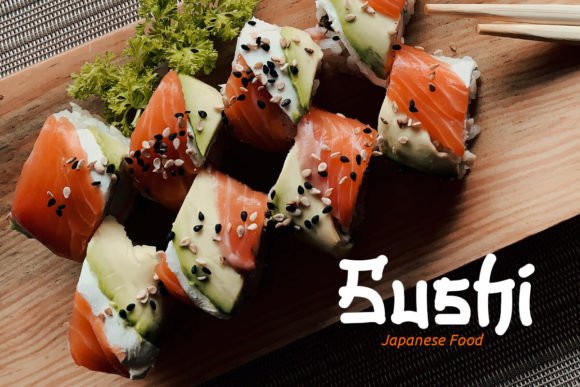 70+ Food Logo Fonts for Restaurants, Cafes, and Food Brands 49 Sushi rolls with salmon and avocado on a wooden platter.