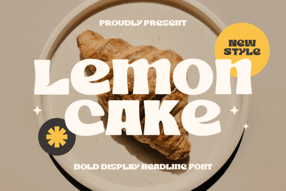 70+ Food Logo Fonts for Restaurants, Cafes, and Food Brands 155 Lemon Cake font displayed with a croissant on a plate