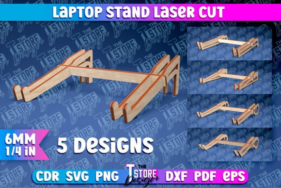 99+ Laser Cut Wood Projects To Sell From Home 459 Laser cut wooden laptop stand with five design variations displayed on a blue background.