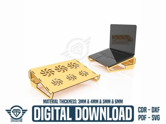 99+ Laser Cut Wood Projects To Sell From Home 460 Laser cut wood laptop stand design with ventilation holes, shown from two angles.