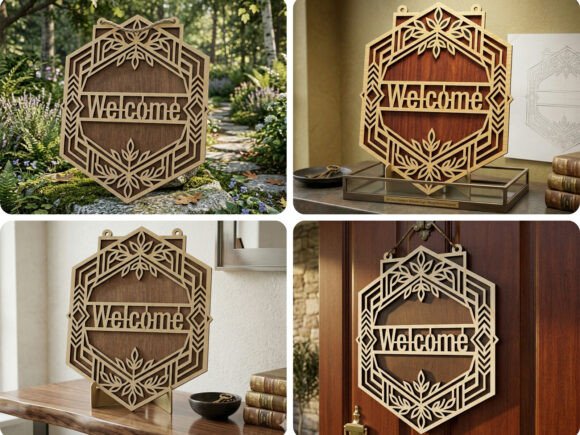 99+ Laser Cut Wood Projects To Sell From Home 301 Laser cut wood welcome sign displayed in various settings, showcasing intricate design and craftsmanship.