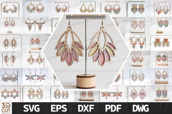 99+ Laser Cut Wood Projects To Sell From Home 114 Colorful wooden bird earrings displayed on a stand, showcasing laser cut design.