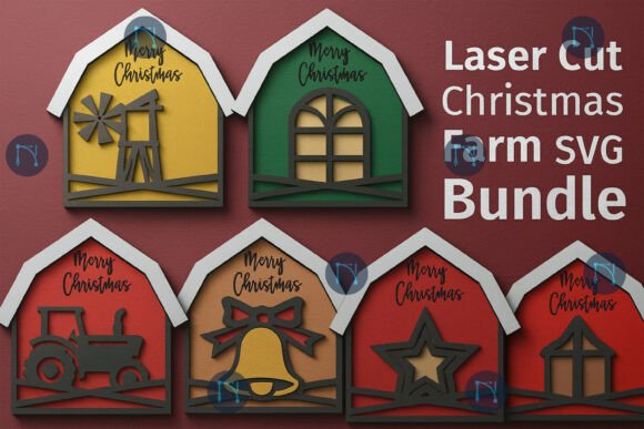 99+ Laser Cut Wood Projects To Sell From Home 176 Laser cut wood Christmas farm decorations featuring a windmill, tractor, bell, and star with 'Merry Christmas' text.
