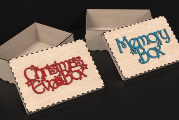 99+ Laser Cut Wood Projects To Sell From Home 469 Laser cut wooden boxes with decorative text 'Christmas Eve Box' and 'Memory Box' on the lids.