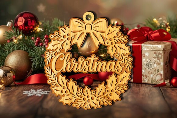 Laser Cut Products That Sell on Etsy and Make Money 9 Laser cut wooden Christmas wreath with the word 'Christmas' and festive decorations in the background.