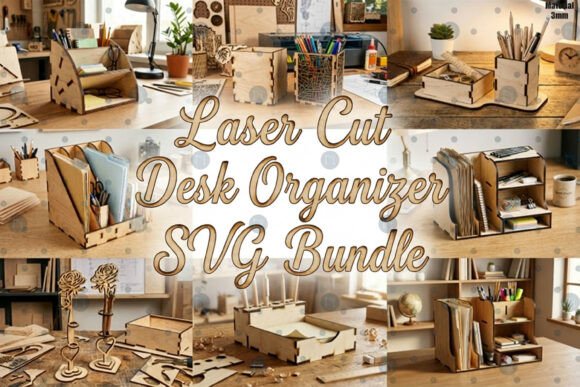 99+ Laser Cut Wood Projects To Sell From Home 451 Various laser cut wooden desk organizers displayed in a creative arrangement, showcasing unique designs and functionality.