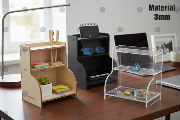 Laser Cut Products That Sell on Etsy and Make Money 24 Three laser cut desk organizers made of wood and acrylic, showcasing different designs and storage options.
