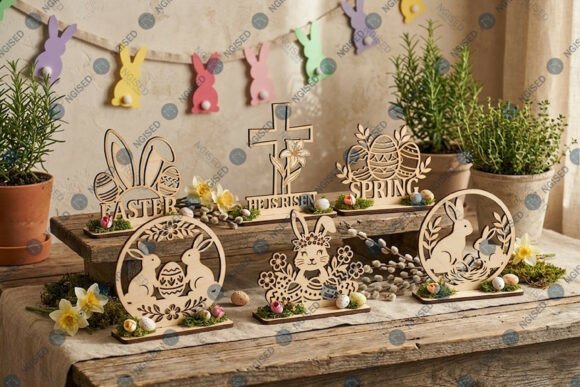 Easy Laser Cut Wood Projects To Sell On Etsy 61 Laser cut wood Easter decorations featuring bunnies, flowers, and a cross, displayed on a rustic table.