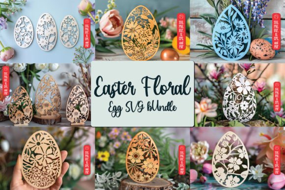 99+ Laser Cut Wood Projects To Sell From Home 175 Collection of intricately designed laser cut wooden Easter floral egg decorations displayed with flowers.