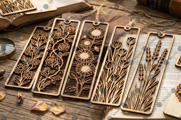 Easy Laser Cut Wood Projects To Sell On Etsy 10 Laser cut wooden bookmarks featuring floral designs on a rustic wooden table.